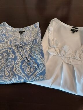 2 Talbots Sleeveless Blue Paisley Tie-Neck Blouse & White Ruffle Front Top.  2X